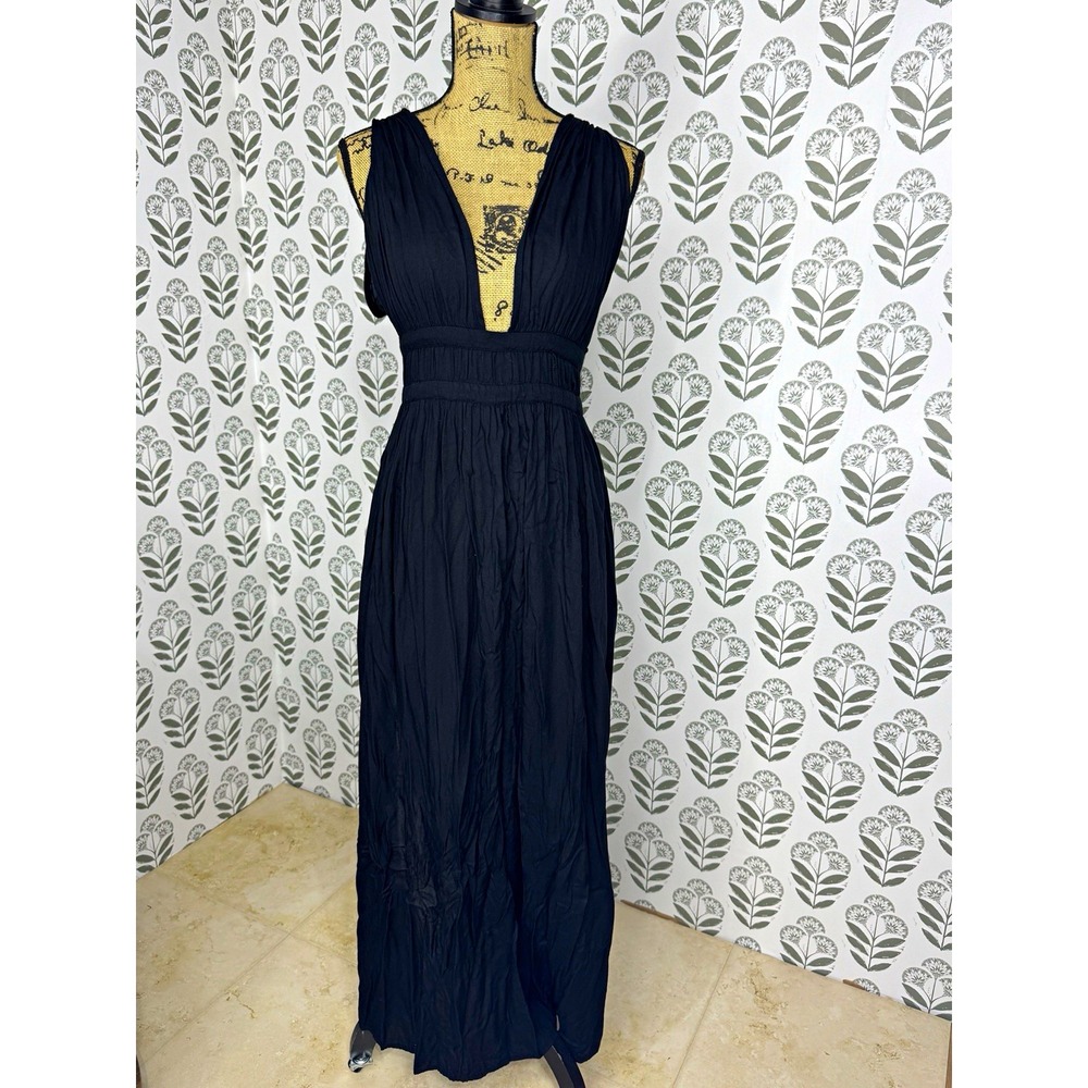ASOS Black V-Neck Sleeveless Maxi Dress Sz 10 Crinkle Woven Lightweight Swim